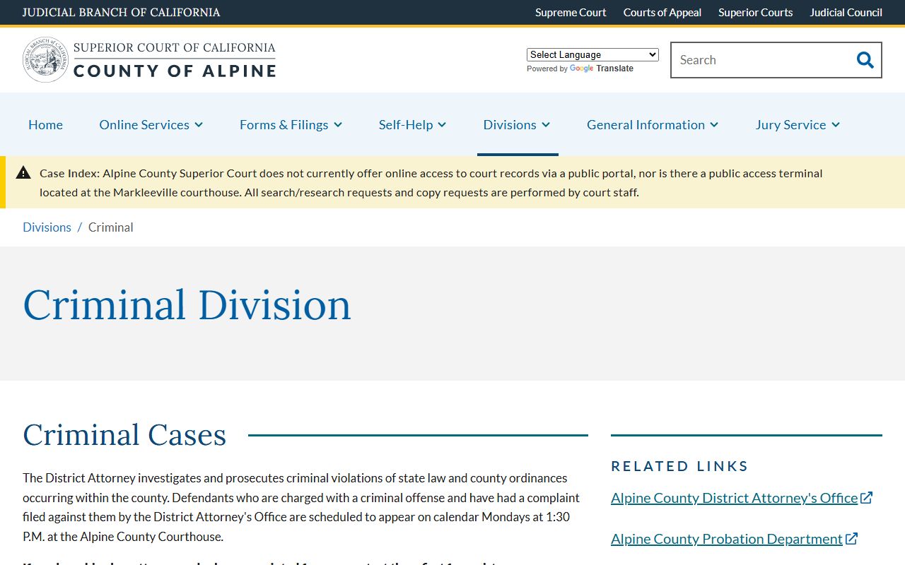 Alpine Superior Court criminal division page with Monday criminal calendar and warrant information