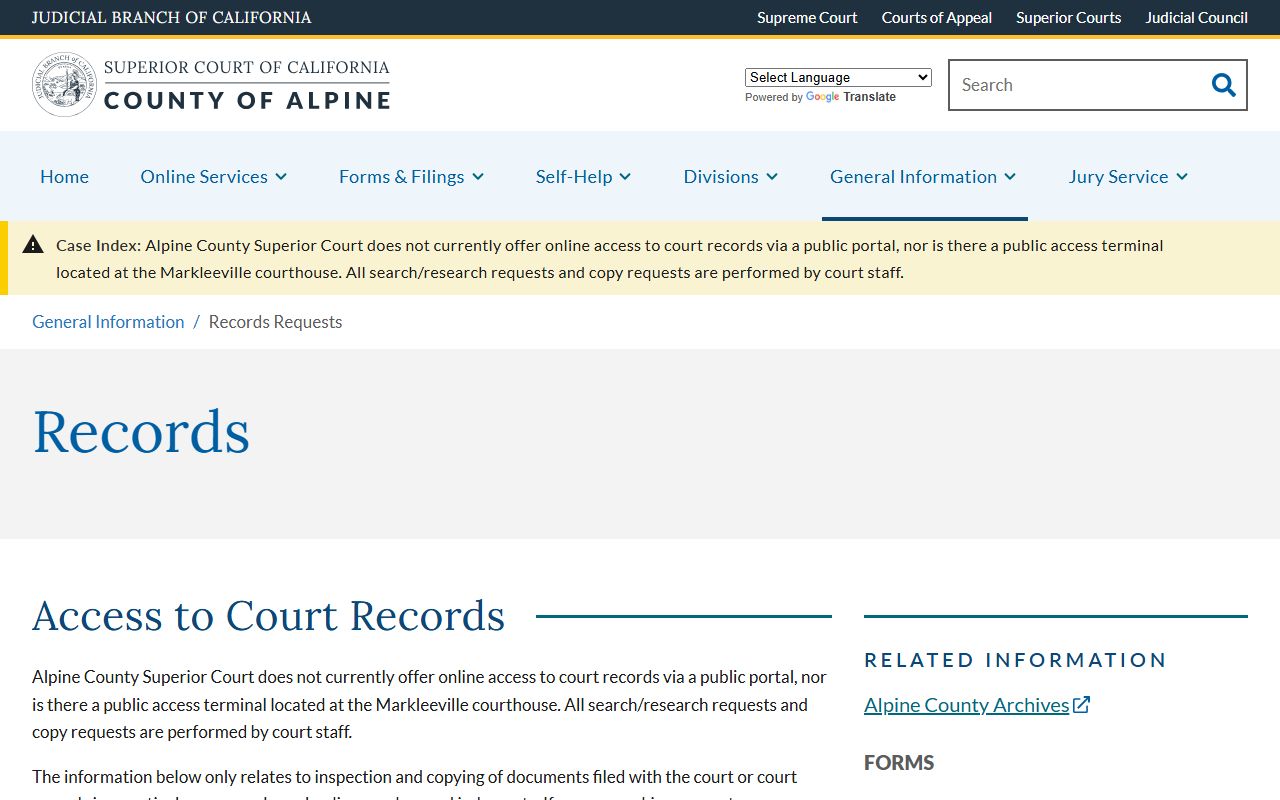Alpine Superior Court records page with request methods and no online portal notice