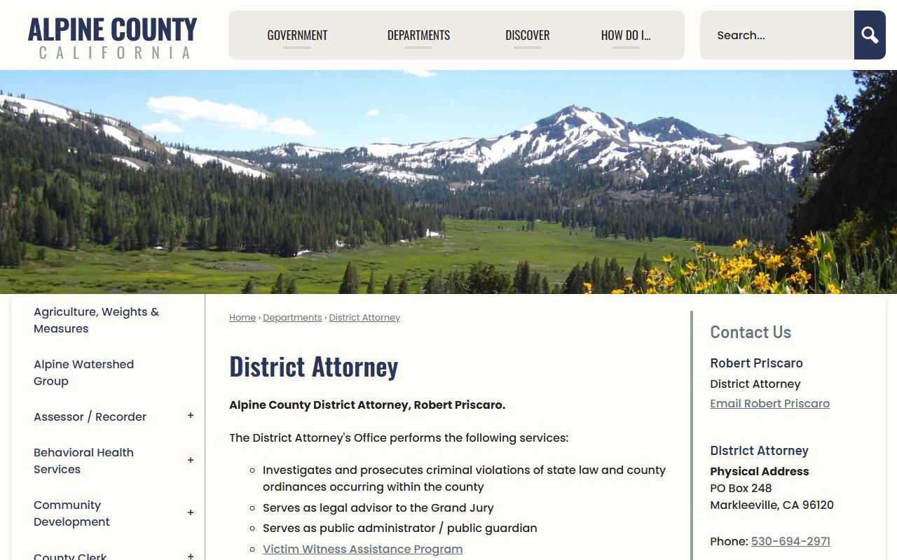 Alpine County District Attorney page identifying Robert Priscaro and office contact information