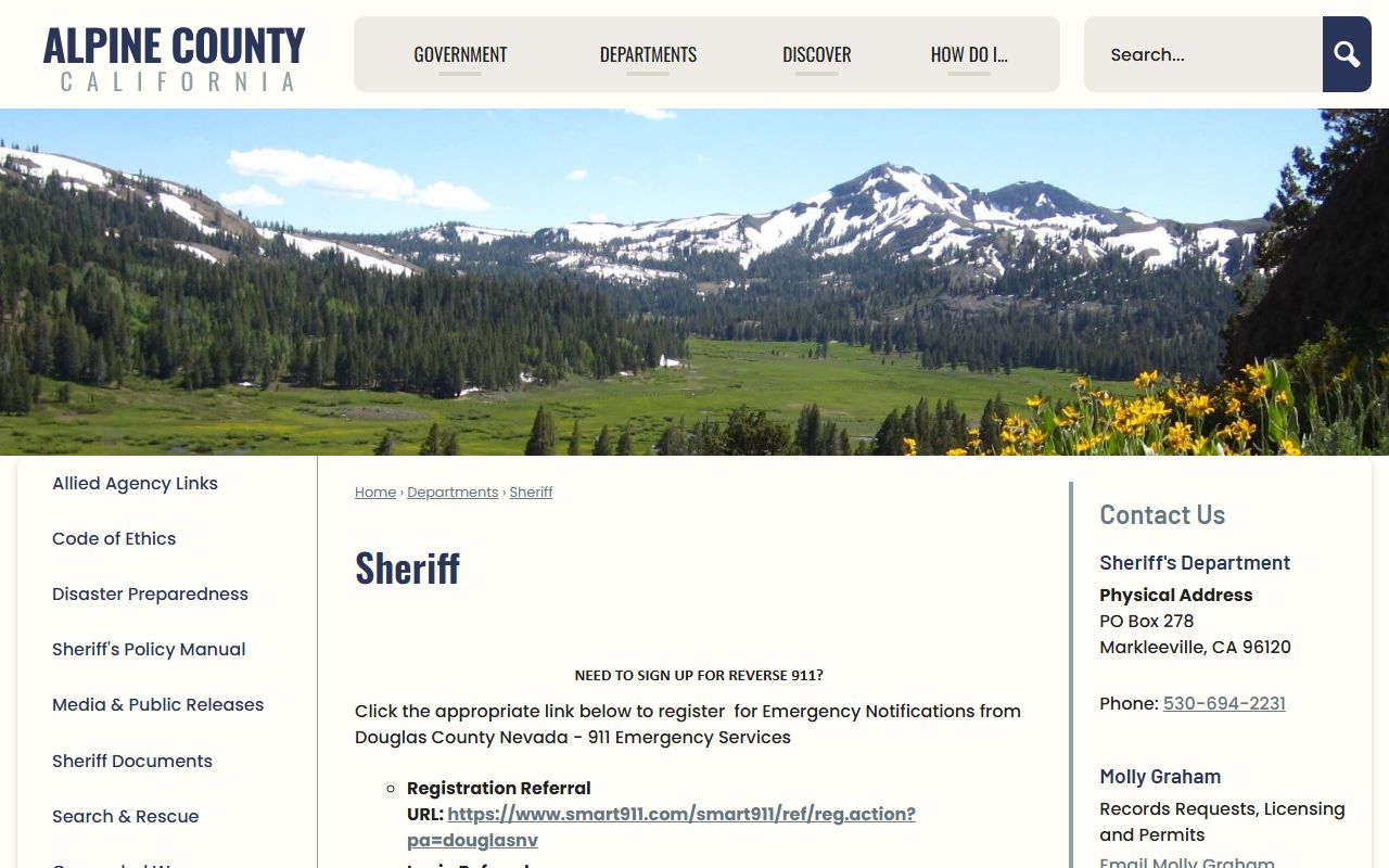 Alpine County Sheriff's Office page showing no Alpine jail facilities and jail contracts