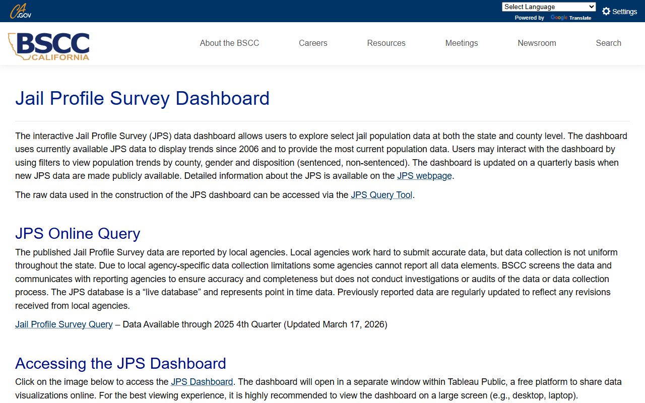 BSCC Jail Profile Survey dashboard for statewide jail population data