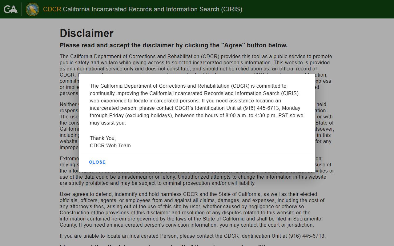 CDCR CIRIS statewide incarcerated records search page