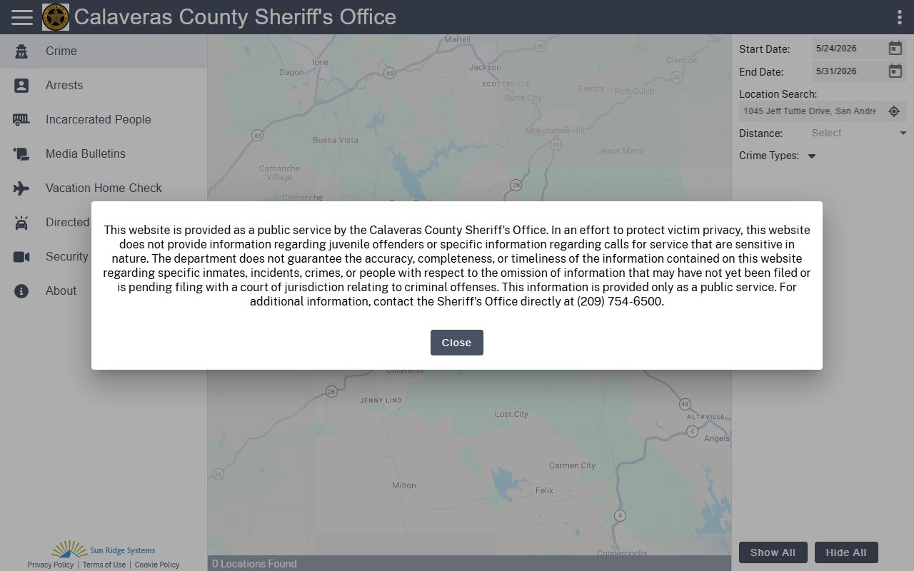 Calaveras Citizen RIMS public portal interface