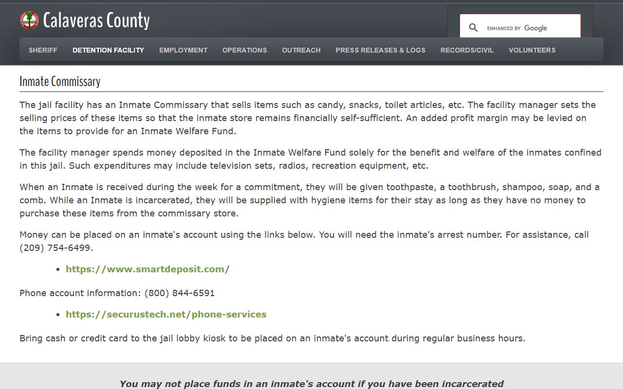 Calaveras Adult Detention Facility commissary and money deposit details