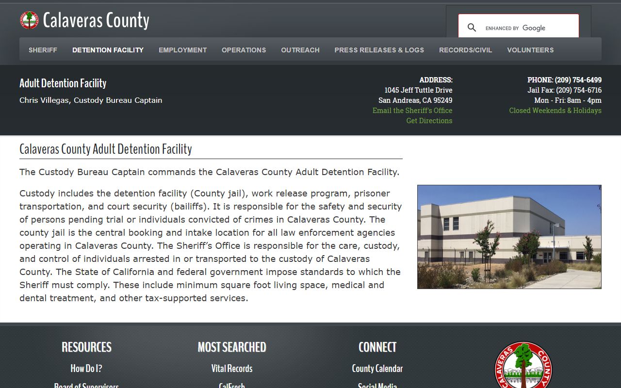 Calaveras County Adult Detention Facility custody page for Alpine County inmate search