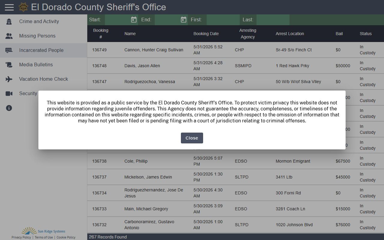 El Dorado County Citizen RIMS incarcerated people search interface